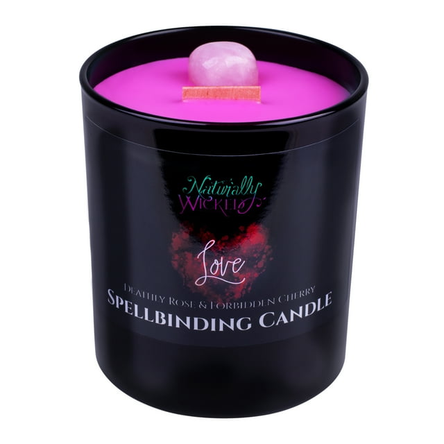Naturally Wicked Spellbinding Love Candle – Rose Quartz Crystal | Deathly Rose & Cherry Scent | Gift Boxed