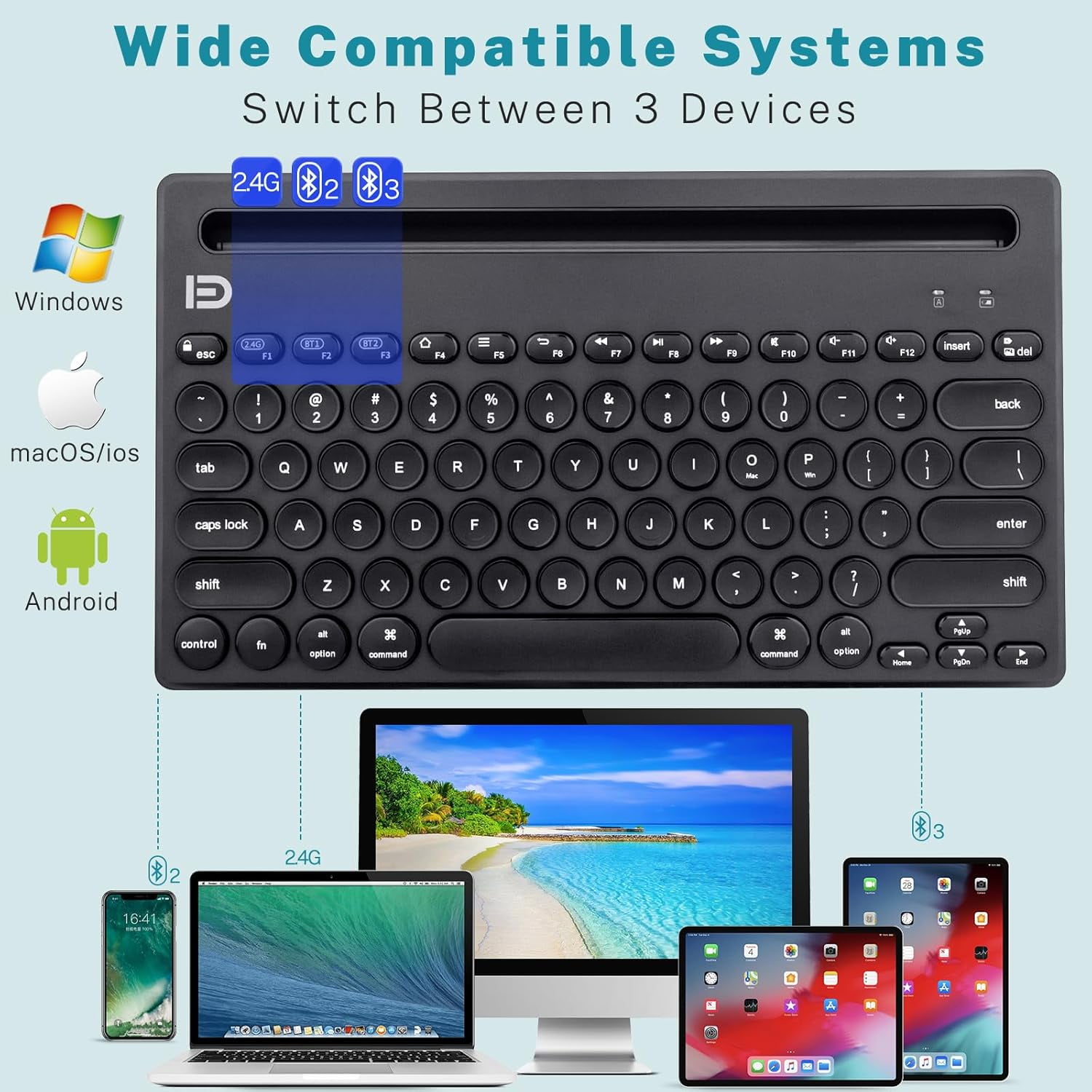Dual Channel Multi-Device Universal Cute Wireless Bluetooth Keyboard Portable Slim with 20m Connection Distance for Tablet Smart Phone PC Windows Android iOS Mac (Pink)