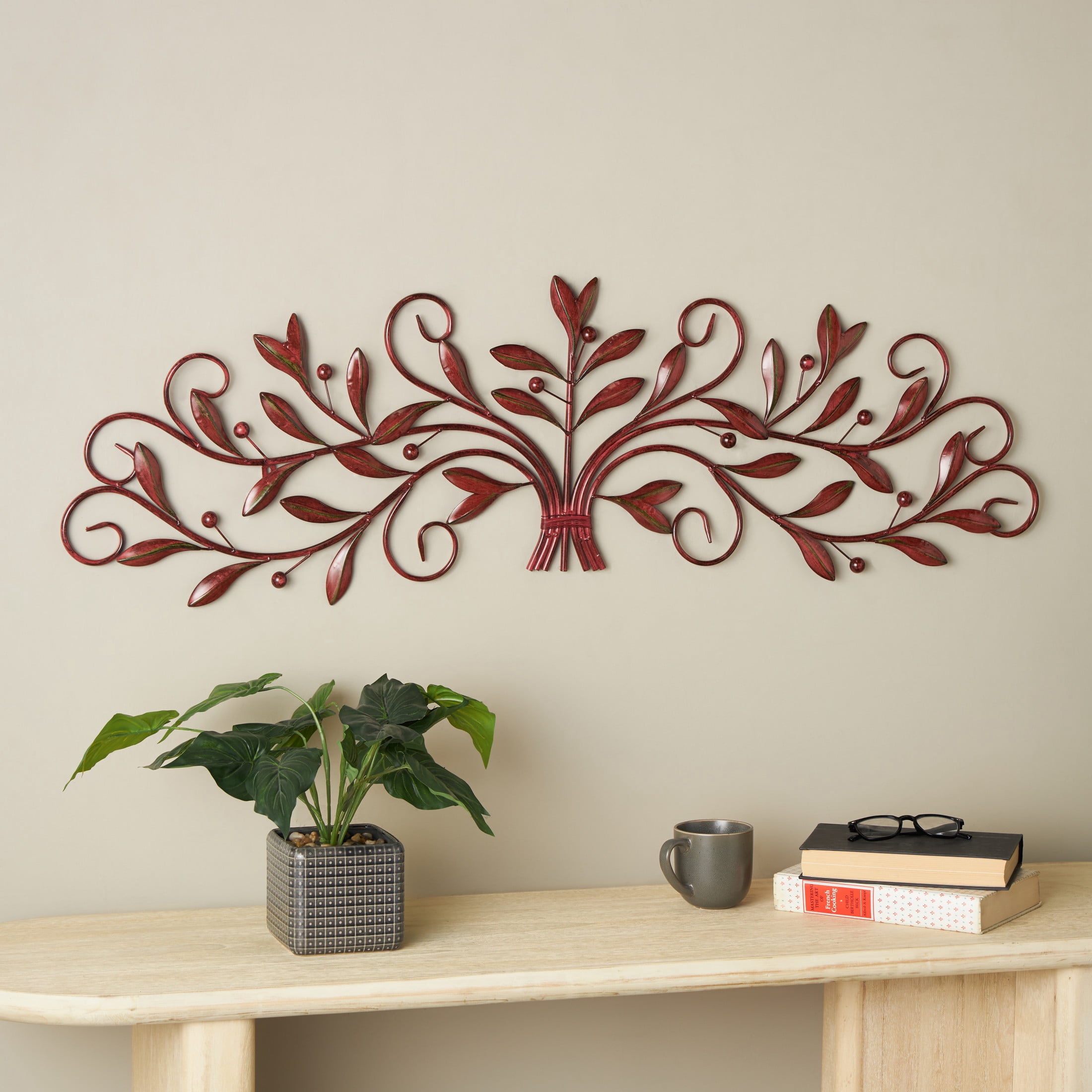 DecMode Red Metal Long Scrolled Leaf Wall Decor with Beaded Accents