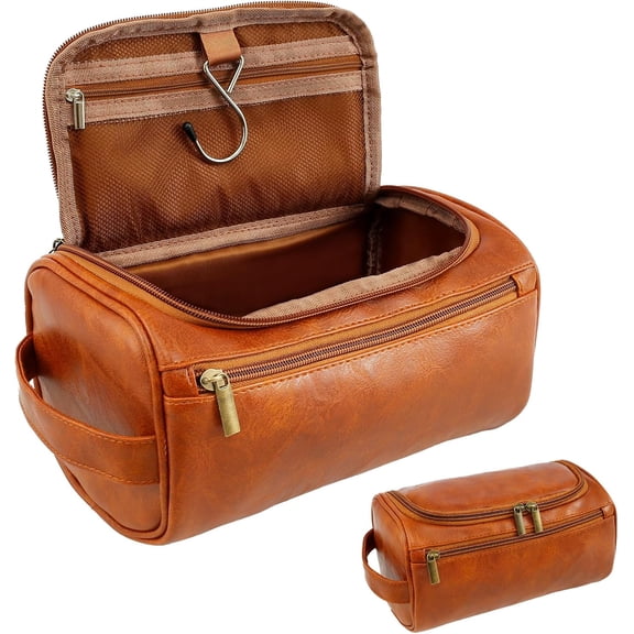Water-Resistant Leather Toiletry Bag for Men, Large Travel Wash Bag Shaving Dopp Kit Bathroom Gym Toiletries Makeup Organizer with Handle for Travel, Men Gift, 25x13x13 cm