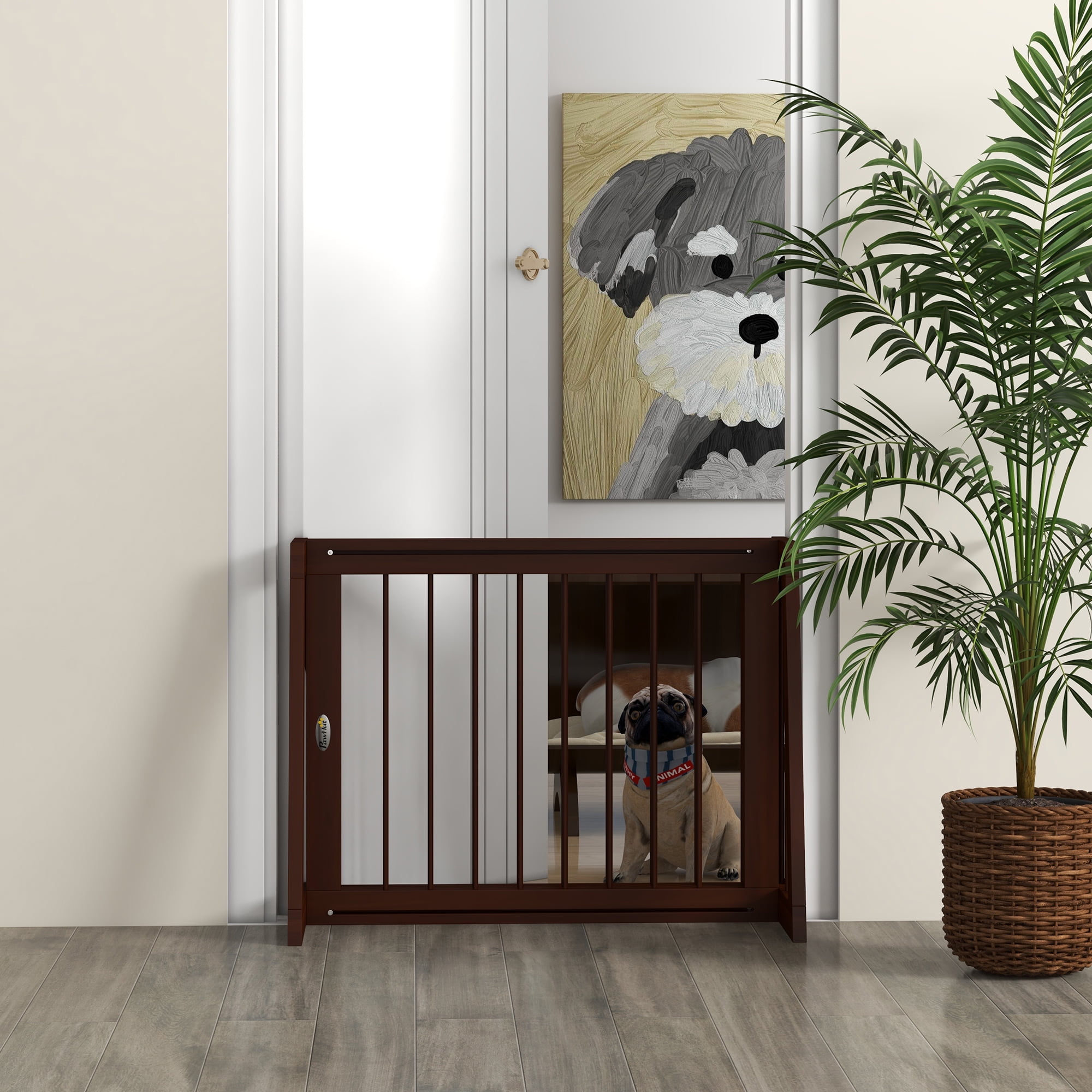 Freestanding Pet Gate, Wooden Dog Gate with 28"-75" Retractable Length, Support Feet, Non-Slip Mats, 3 Panel Pet Gate for Indoor, Stairway, Doorway, Brown