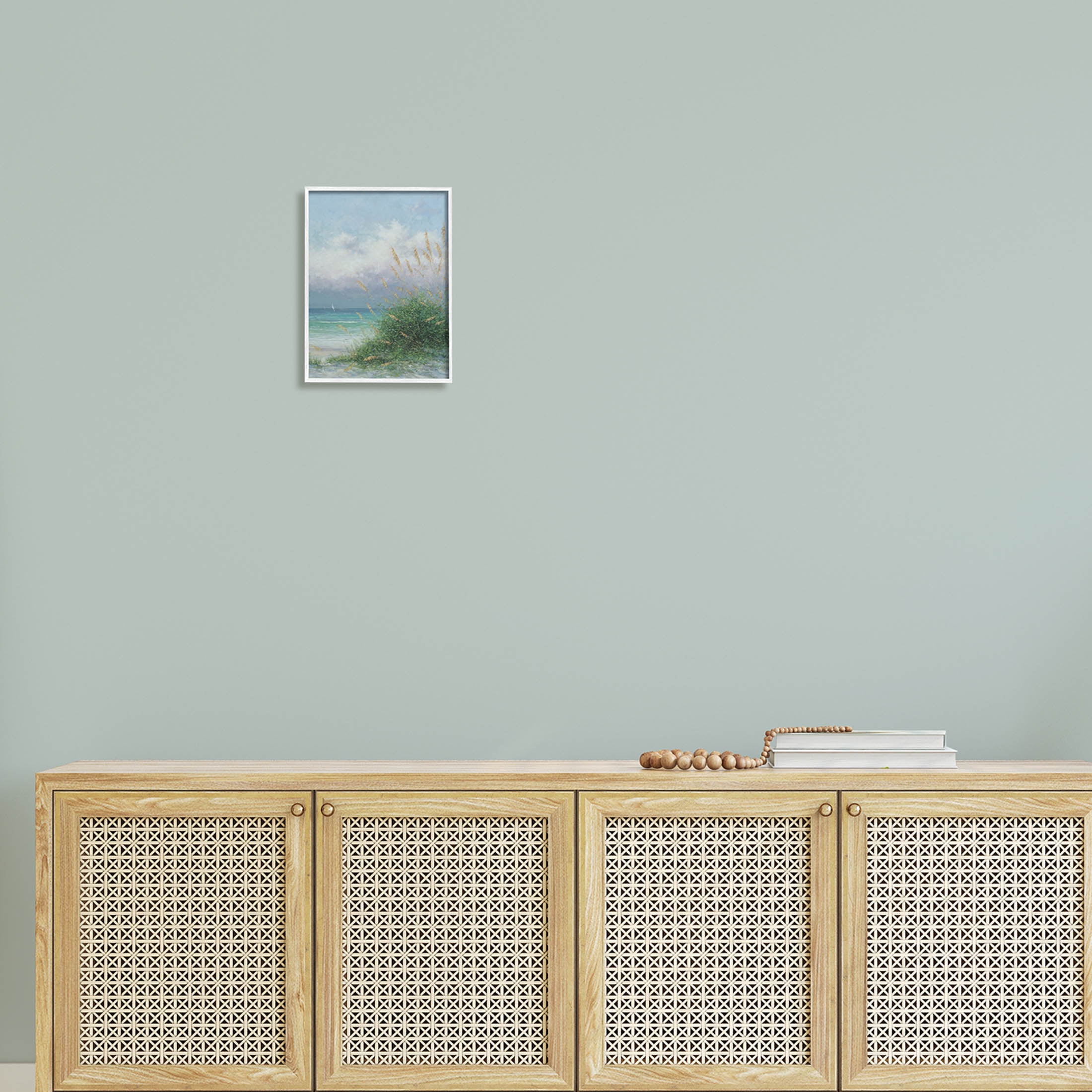 Ocean Waves Beach Reeds Coastal Painting White Framed Art Print Wall Art