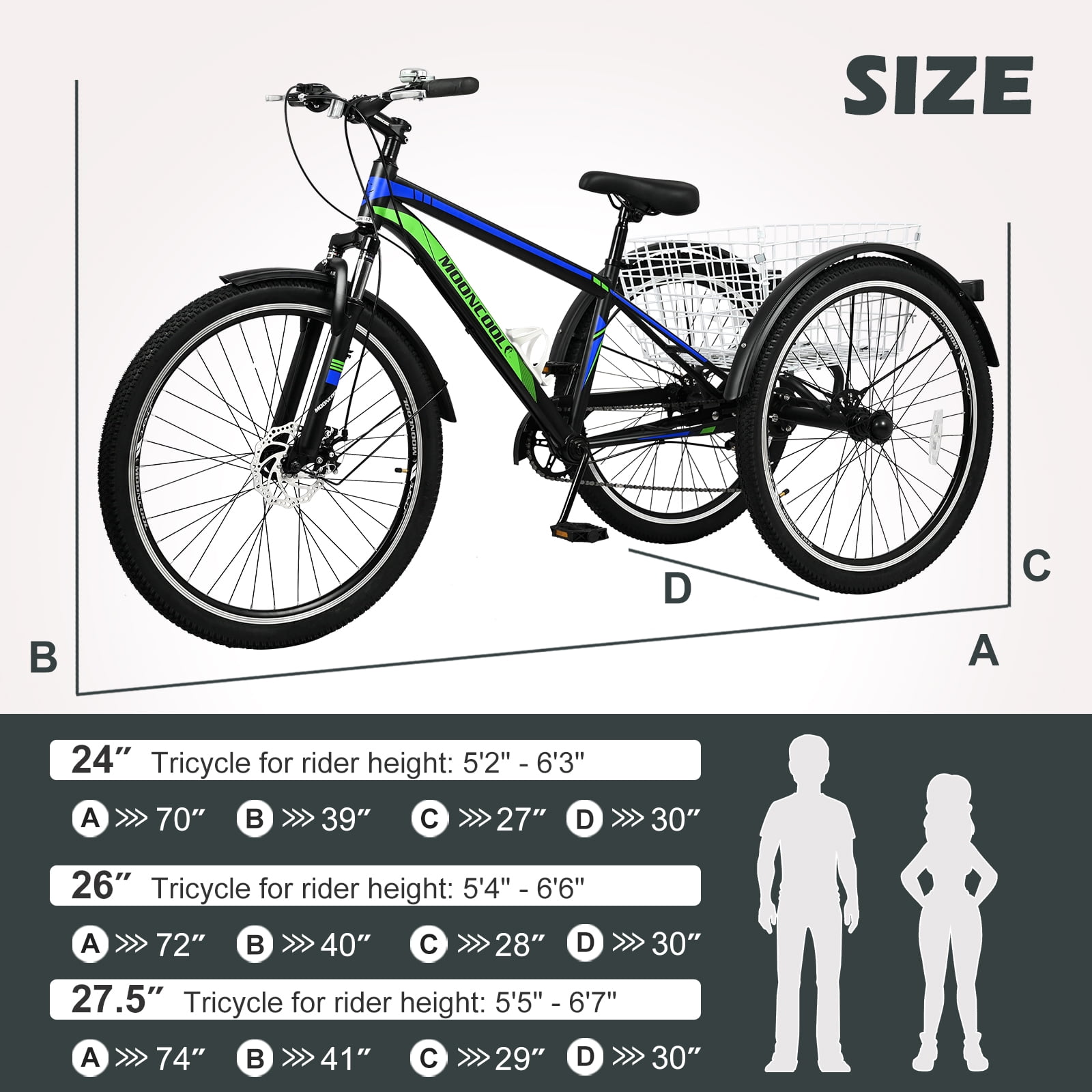 MOPHOTO 27.5" Mountain Tricycle, 7 Speed 3 Wheel Cruiser Bike, Adult Tricycle with Big Basket, Exercise, DISC & Drum Brake