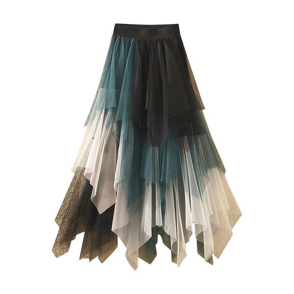 Puyaiuu Pleated Skirts for Women, Flowy Maxi Skirt with Layered Tulle, Color Block Gauze Long Skirt, Elastic High Waist A Line Skirt, Soft Mesh Puffy Skirt for Party Gift