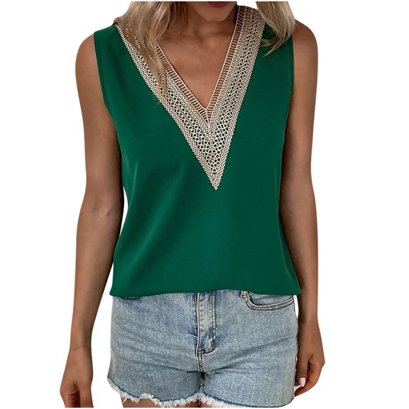 Womens Elegant Lace V Neck Tank Tops Sleeveless Chiffon Tanks Shirts Loose Summer T Shirts Blouse for Casual Work