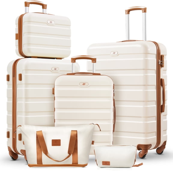 Gowill 6 Piece Luggage Sets, Lightweight ABS Hard Suitcase with Expandable Travel Duffle Bags, White Tan
