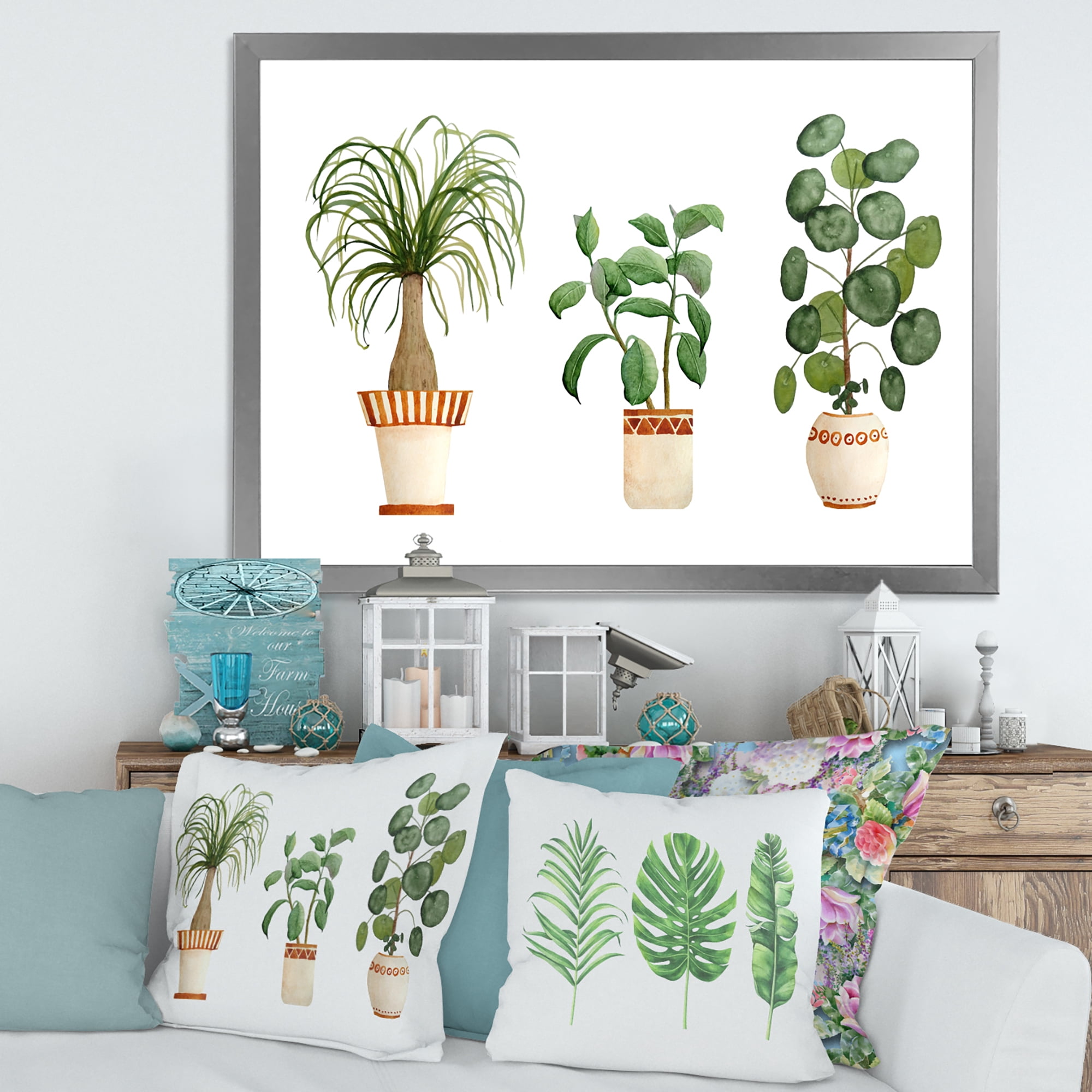 Designart 'Trio of House Plants Ficus Ponytail and Palm' Traditional Framed Art Print
