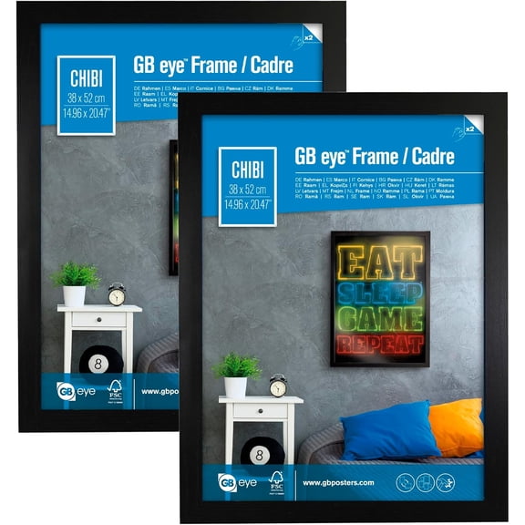 GB eye 20.5" x 15" Frame, FSC Black Wood Poster Frame, Scratch Proof Glazing- Set of 2