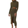 thumbnail image 2 of Baqcunre Women's Long Sleeve High Neck Solid Knitted Sweater High Waist Front Split Dress Set Cocktail Dress Womens Dresses Bodycon Dresses for Women Long Sleeve Dress for Women,Army Green,L, 2 of 6