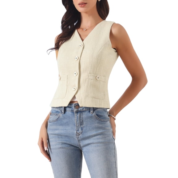 INSPIRE CHIC Tweed Work Vest for Women's V Neck Sleeveless Button Down Office Waistcoat XS Beige