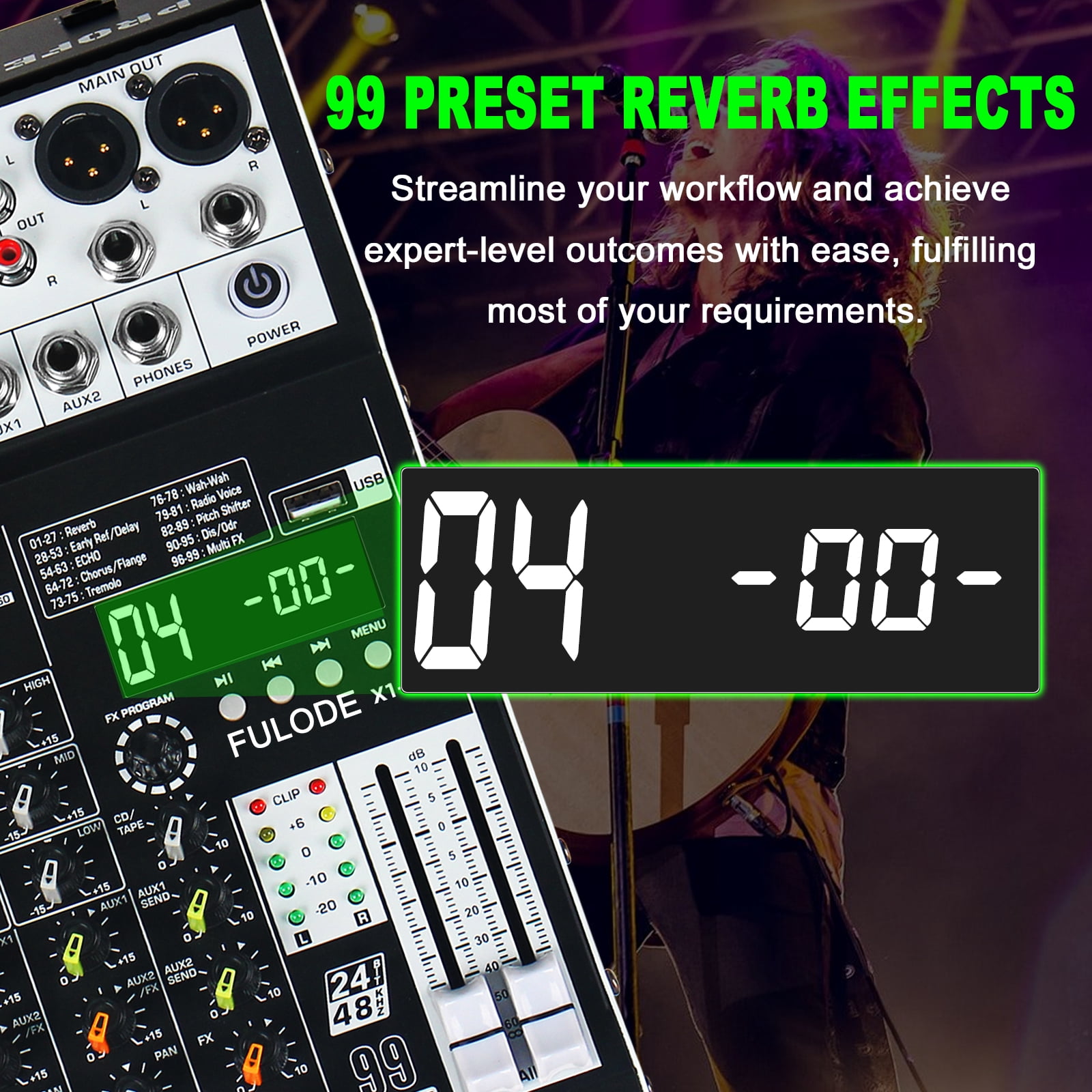 Audio Mixer 4 Channel Professional Sound Mixer Console with 99 DSP Effects, Small Mixing Board DJ Mixer w/USB, Bluetooth, 48V Power Supply, PAD Button for Recording Karaoke PA Drum Live Music