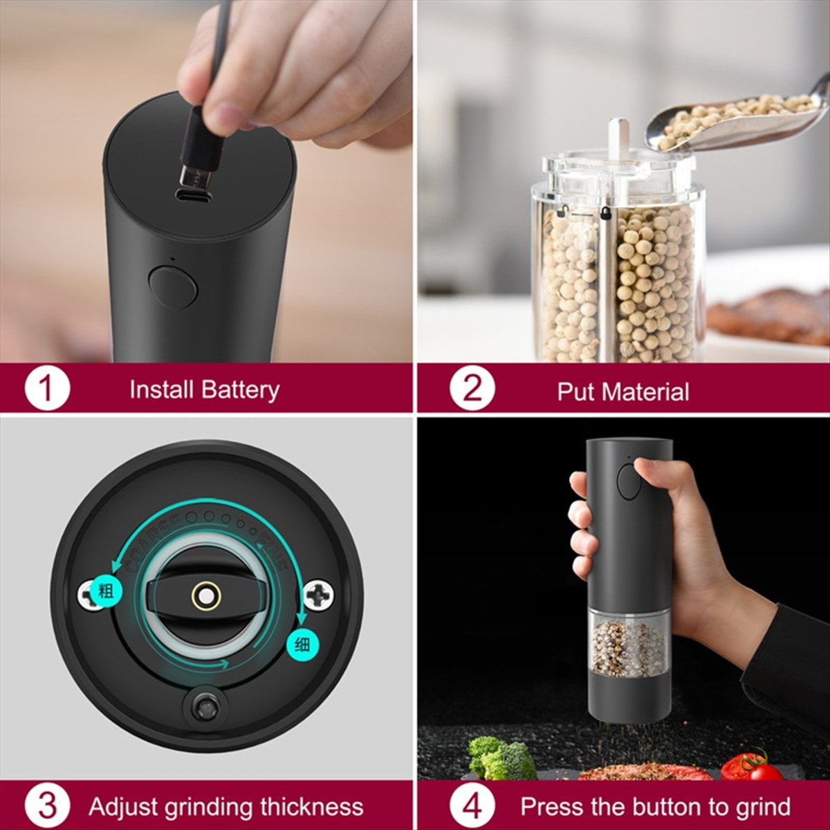 Electric Salt and Pepper Grinder Rechargeable Automatic Pepper Mill with Adjustable Coarsenes with LED Light-B
