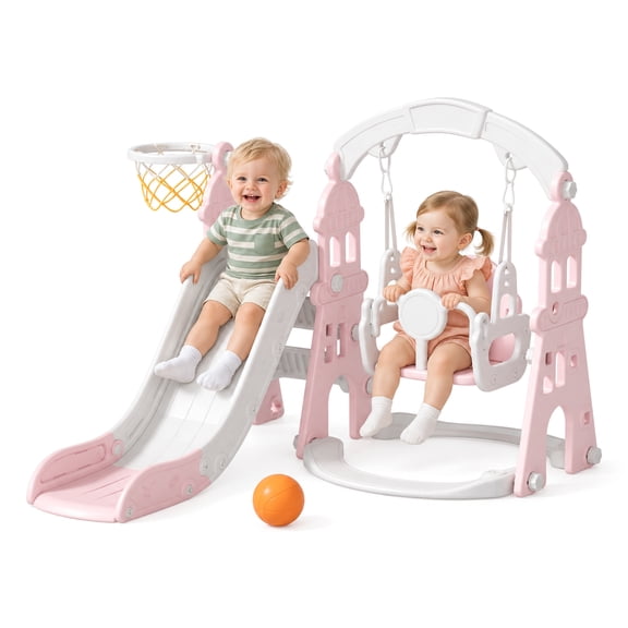 XJD 4-in-1 Kids Slide and Swing Set - Perfect for Toddlers 1-5 Years - Extra-Large Indoor and Outdoor Playground - Includes Slide, Swing, Basketball Hoop, and Climber - Pink