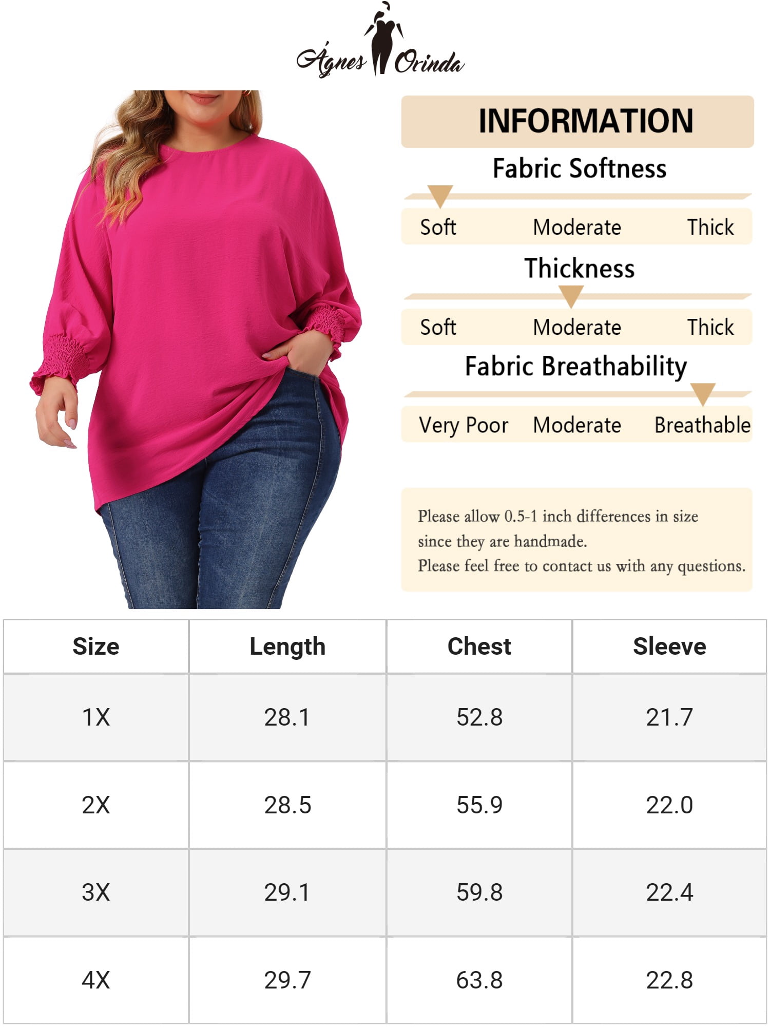 Unique Bargains Women's Plus Size Chiffon Tops Batwing Ruffle Long Sleeve Loose Blouses 3X Hot Pink