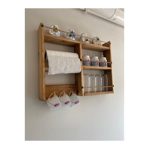 multi-section wall shelf, spice rack, glass and cup shelf, wooden kitchen shelf