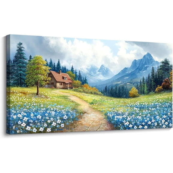 WFSposterLarge Mountains Wall Art,Rustic Blue Forest Wild Flowers Path Landscape Wall Paintings for Living Room Bedroom kitchen Home Decor Gifts for Women