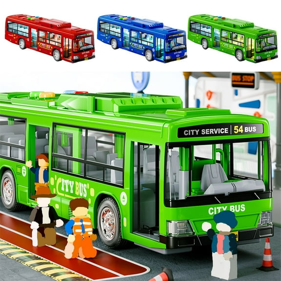 Simulation City Bus Toy Model with Door Opening Function | Light & Sound| Inertia Drive | Interactive Collectible | Green Blue Red | 11-12 Inch