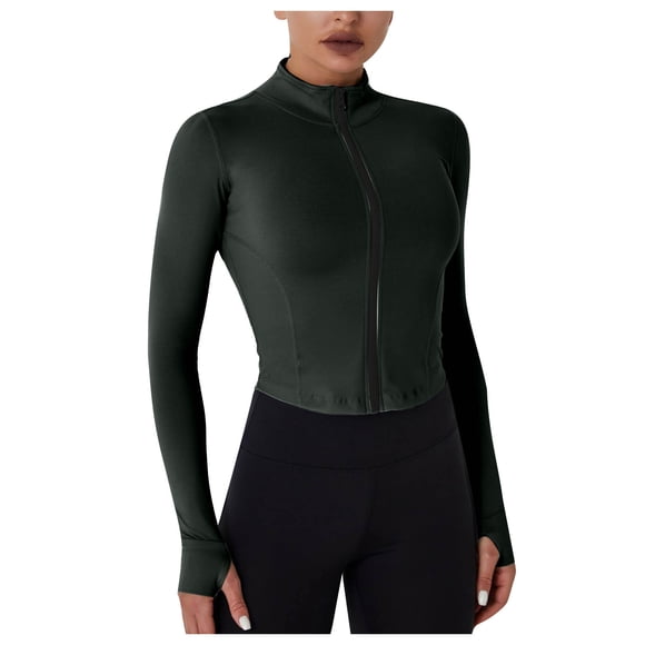 Yuyuzo Workout Tops for Women Zip up Long Sleeve Crop Top Sportwear with Thumb Holes Stretchy Slim Tight Tees