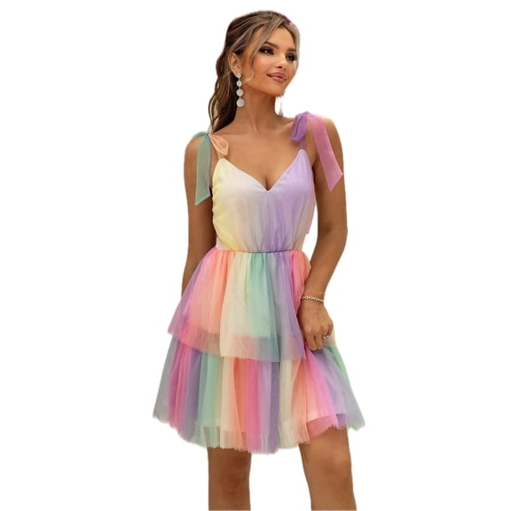 Women's Gradient Tie Shoulder Layered Dress with Sheer Overlay and Opaque Stretch Lined Body 100% Polyamide Soft Draped