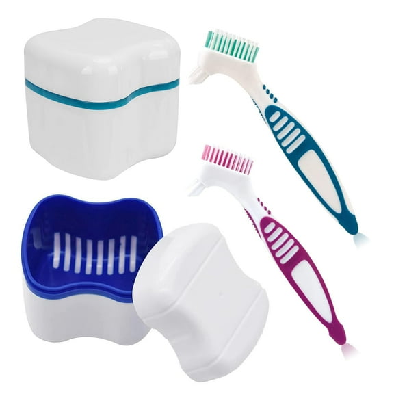 Denture Cleaner Box and Brush Set - 2 Pack Denture Bath Case with Basket   2 Pack Denture Brush, Portable Denture Retainer Storage Box, False Teeth Brushes for Oral Care