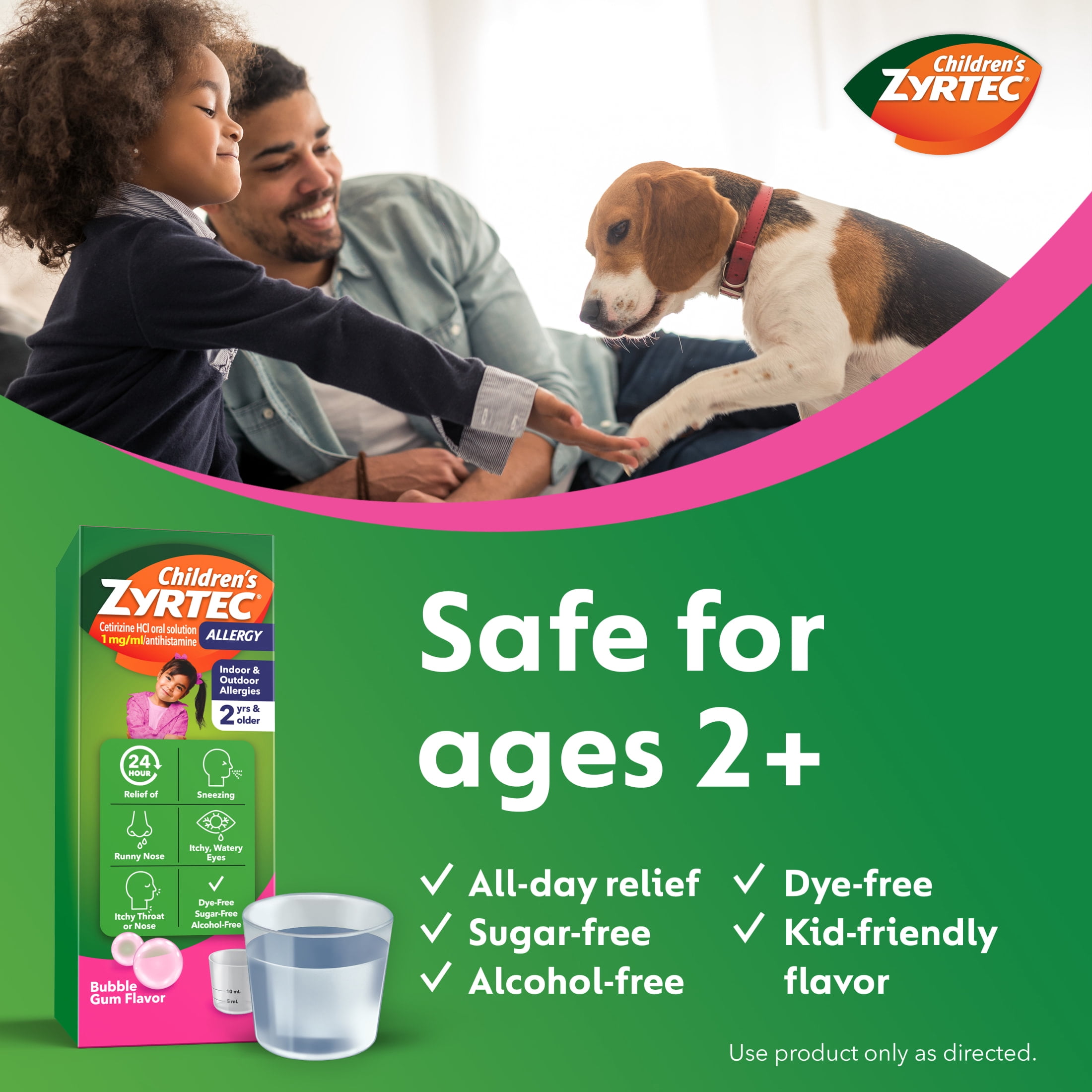 (2 pack) Children's Zyrtec Liquid Allergy Syrup, Free of Dyes, Sugar, Alcohol, Bubble Gum Flavor, 4 fl. oz