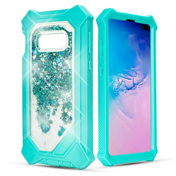 for Samsung Galaxy S10 HD Glass and Full Protection Hard TPU Liquid Glitter Bling Sparkling Cute Woman Girl Case Phone Case PU Shock Bumper Scratch Guard Skin Wrap Slim Cover (Teal)