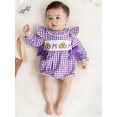 thumbnail image 6 of BemeyourBBs Newborn Baby Girl Mardi Gras Outfit They Found Me In A King Cake Bubble Romper Spring Summer Carnival Clothes Bow Front Ruffle Long Sleeve Bodysuit Headband, 6 of 8