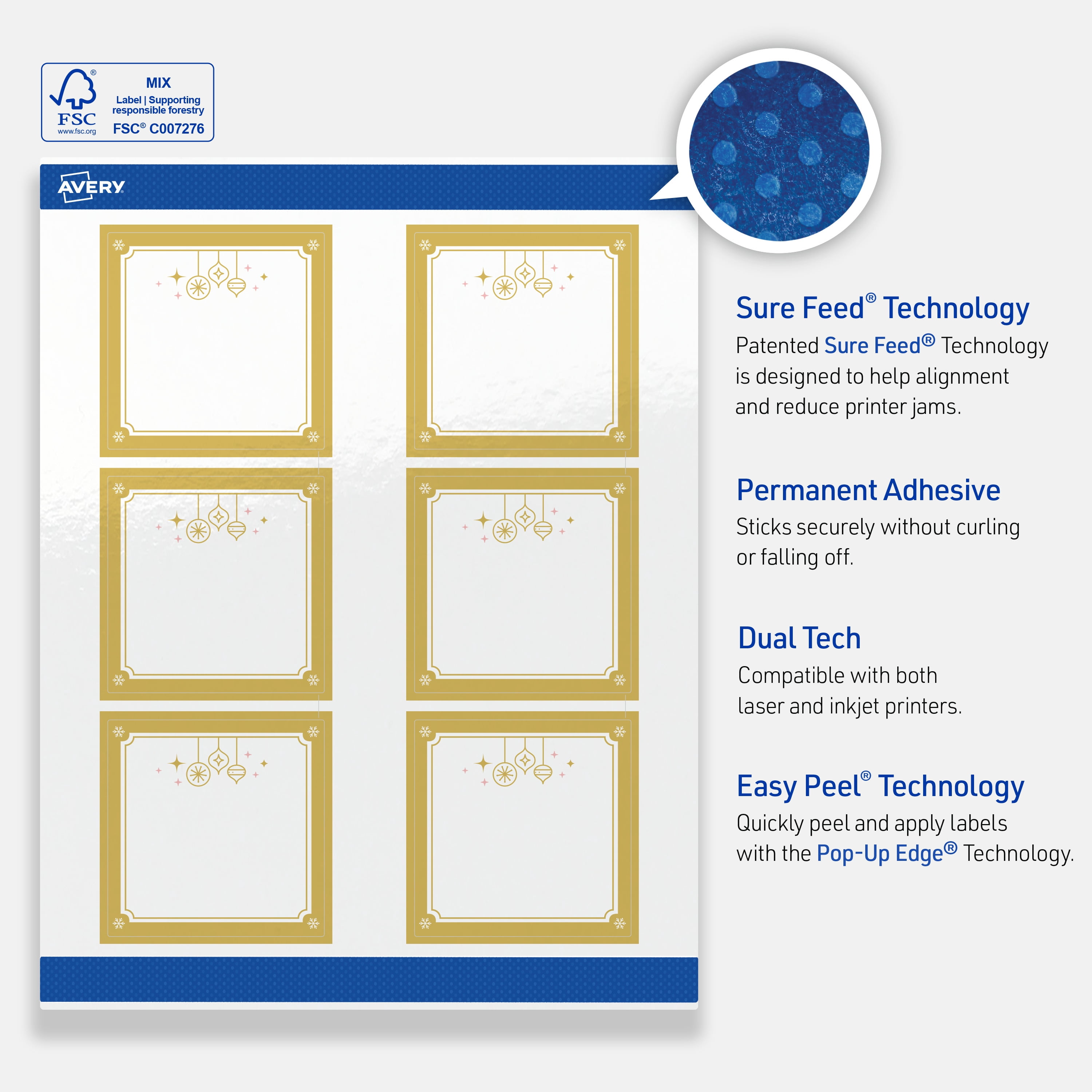 Avery Labels, 3" x 3", Gold-Metallic Ornaments, Glossy, 60ct