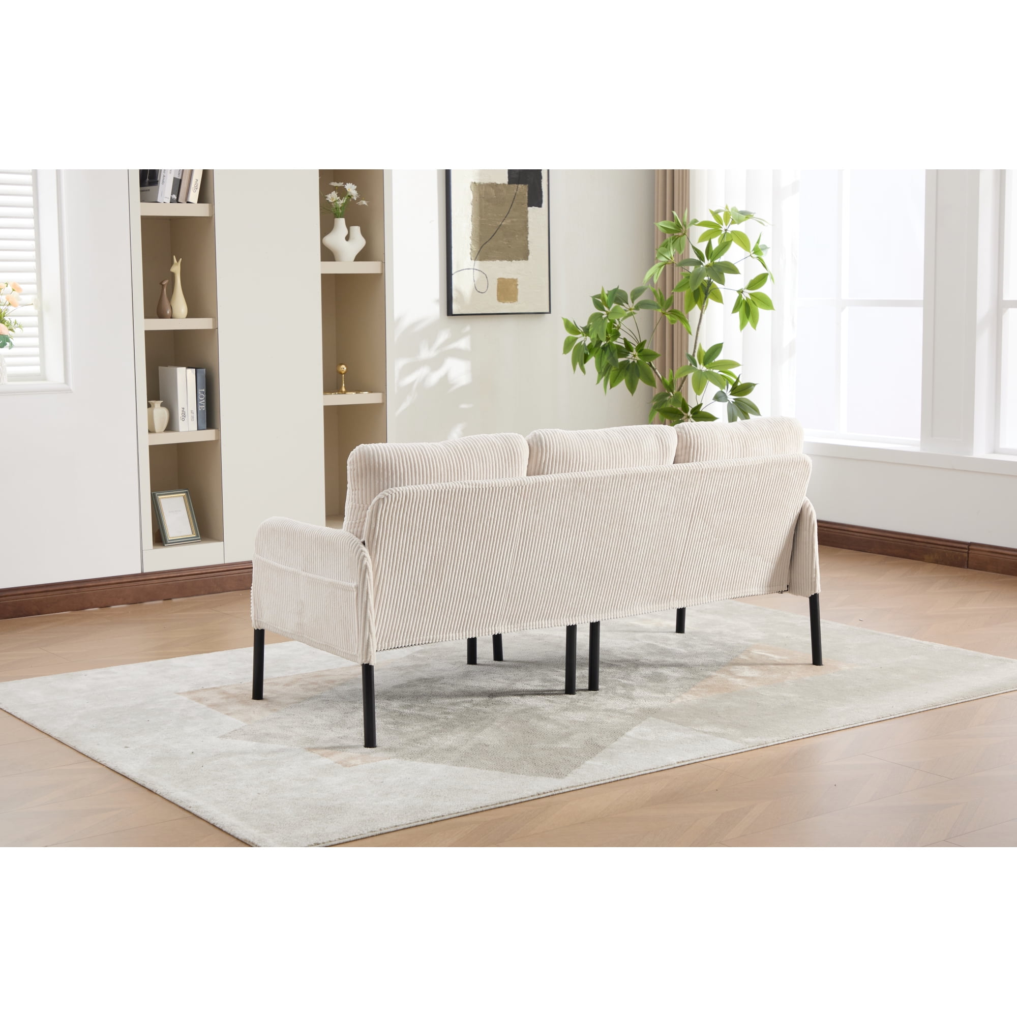 Leumius Oversized Sofa Couch for Living Room,68" Corduroy Upholstered Couch with Metal Legs & Side Pockets for Bedroom, Office or Apartment,Beige