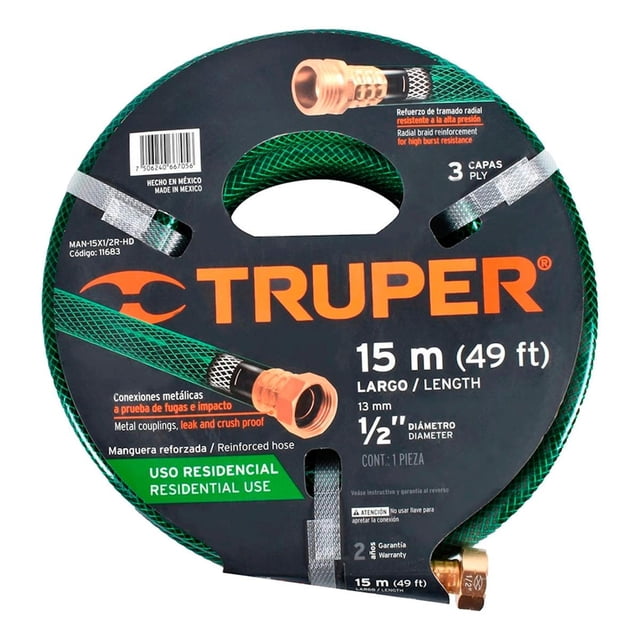 Manguera 15M 1/2" 3 Capas Reforzada Truper Verde