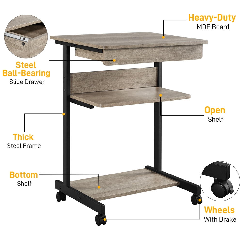 Alden Design Rolling Computer Desk with 2 Storage Shelves, Rustic Gray