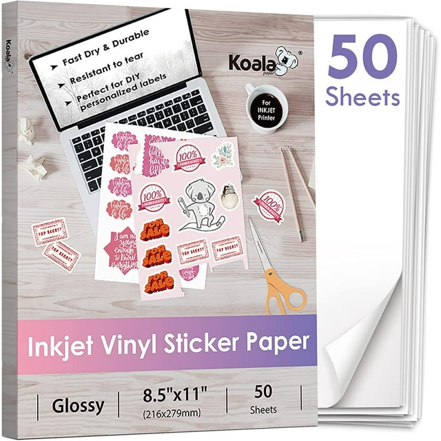 SHIQI-Koala Printable Vinyl Sticker Paper for Inkjet Printer - 50 Sheets White Glossy Sticker Paper, Waterproof Sticker Printer Paper 8.5x11 Inch, Tear-Resistant, Removable