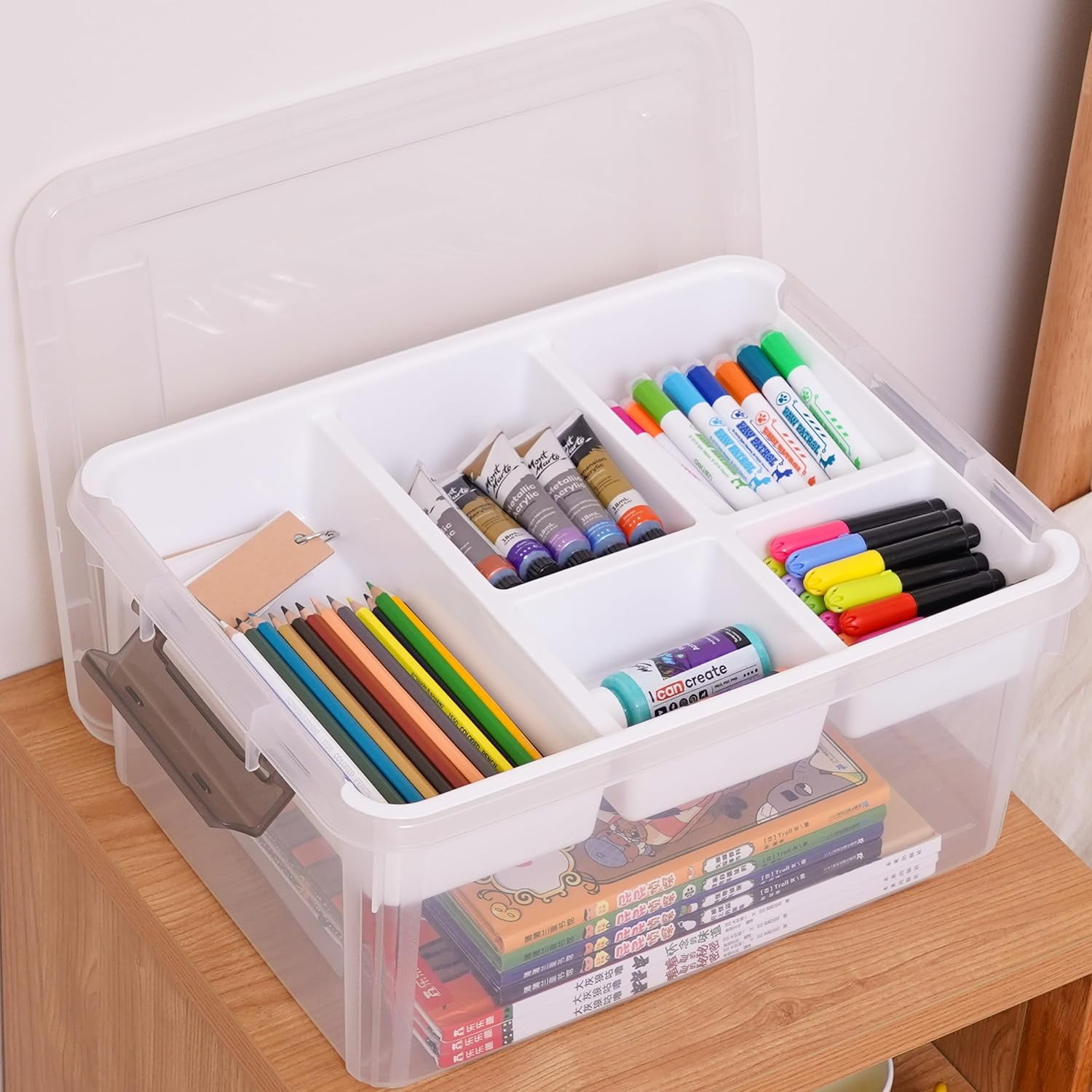 17 Qt Storage Bins with Lids & 5 Grid Removable Tray 4 Pack Craft Toy organizer and storage bins for Kids Office