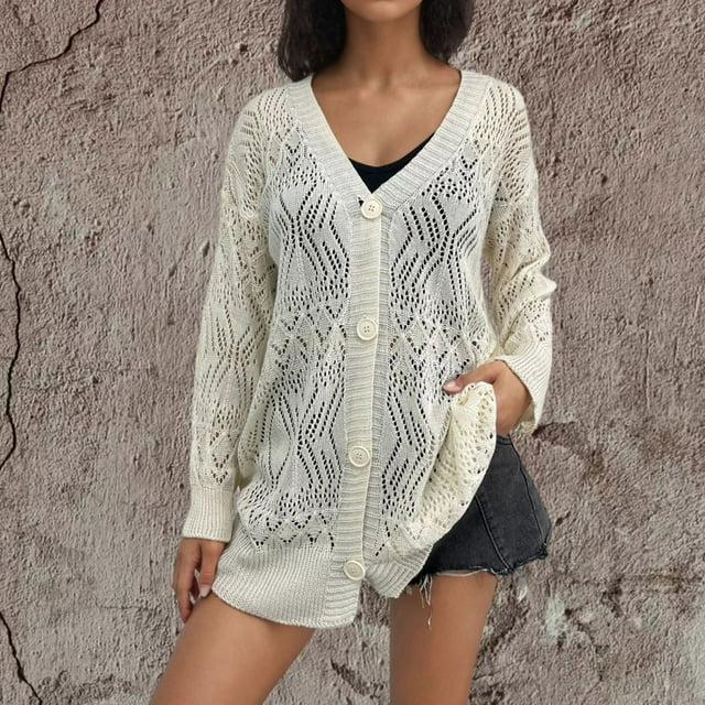 WRKEKC Openwork V Neck Kimono Cardigan Long Sleeve Mid-Length Button Down Cover Up Blouse for Women Spring Fall Lounge Wear White L