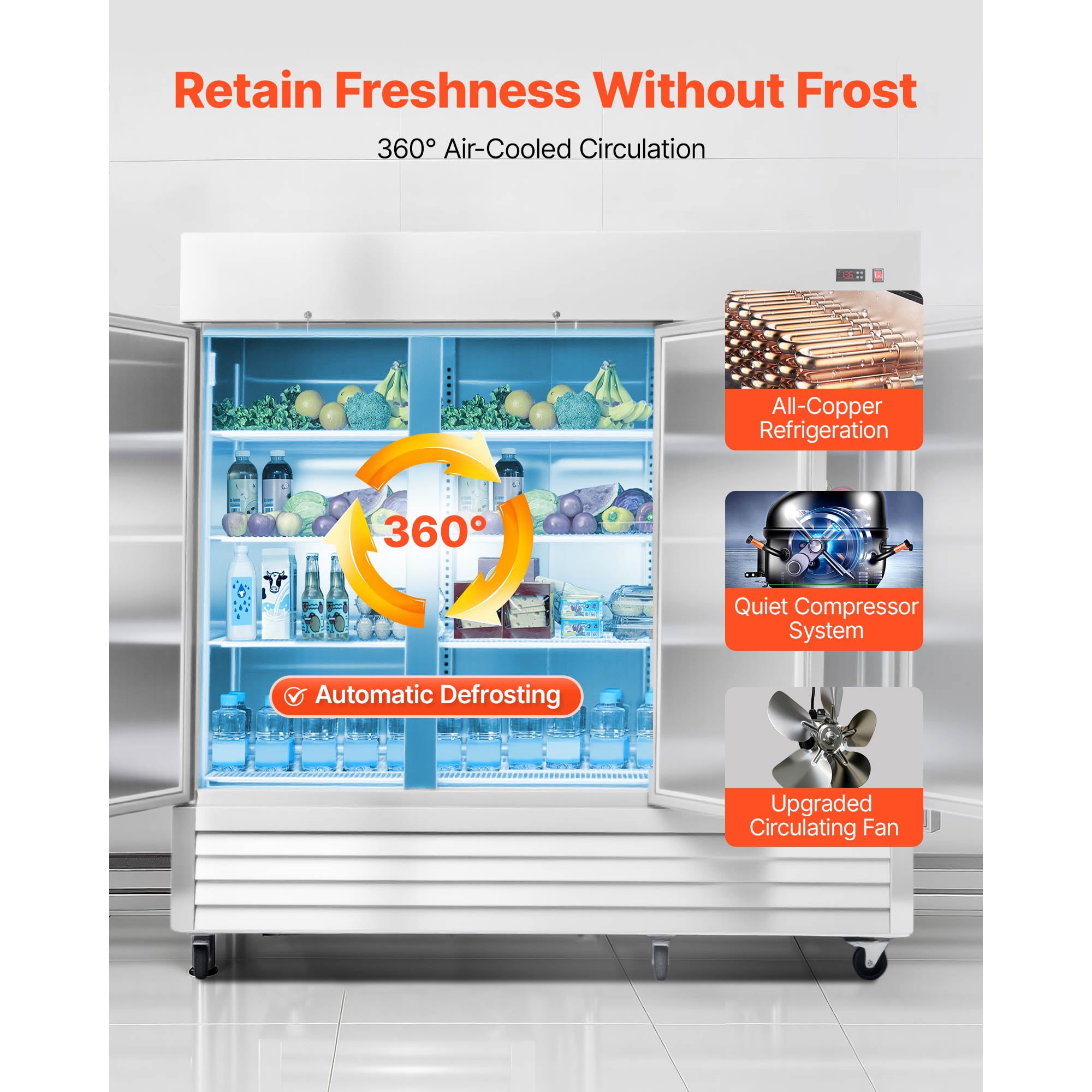 KFFKFF Commercial Stainless Steel Refrigerator, 85" Wide, 69 Cu.Ft Capacity, Three-Door Upright Design with Auto-Defrost, 12 Adjustable Shelves, Temperature Range 32-50℉, ETL Certified