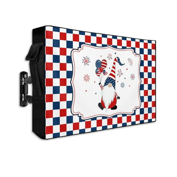 Independence Gnomes American Star Outdoor TV Cover 30 to 32 Inch Waterproof, Flag Color Buffalo Plaid Checker 600D Oxford TV Covers with Zipper, Outside Flat TV Screen Protector 30"Wx19"Hx4.5"D