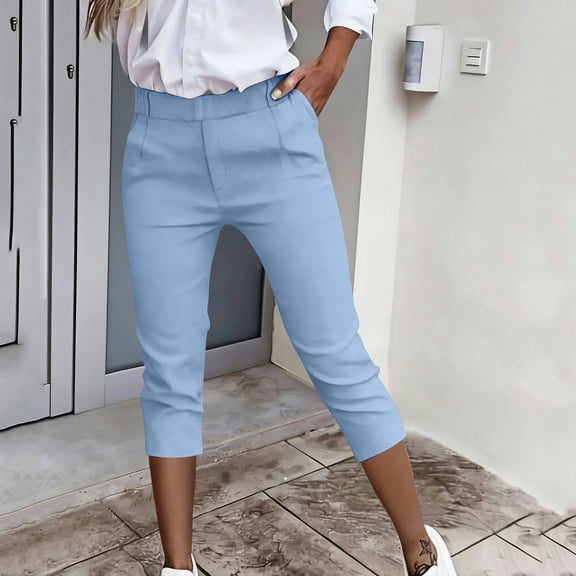 Fewfanhot Womens Pants High Waisted Pull On Elastic Waist Dressy Casual Stretchy Capris Trousers Pants Pockets