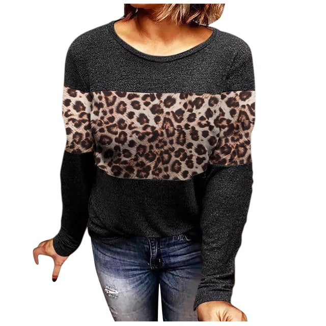 Women Soft Smart Individually Round Collar Printing Long Sleeve Polyester Top Blouse Shirt(Black,M)