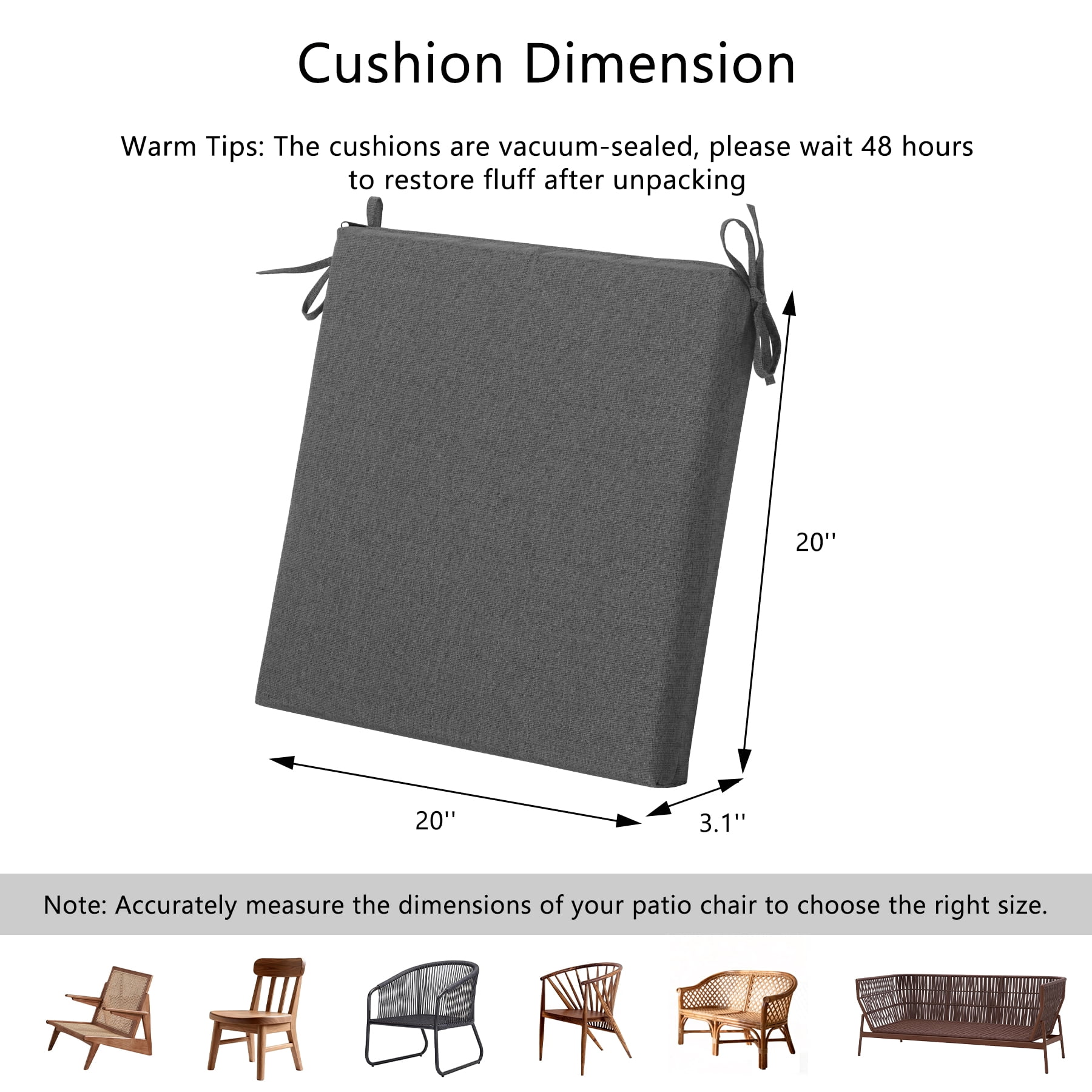 Goodgoods 20" x 20" Outdoor Chair Cushions Set of 2, 30D Foam Water & Fade Resistant, Gray