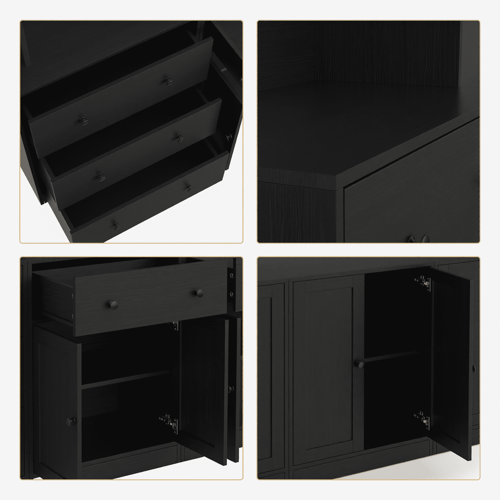 RichYa 4Pcs Kitchen Pantry Storage Cabinet Set,Modular Furniture Cabinets with Display Glass Doors,Hutch Buffet Cabinet with Shelves & Countertop for Dining Room,Black