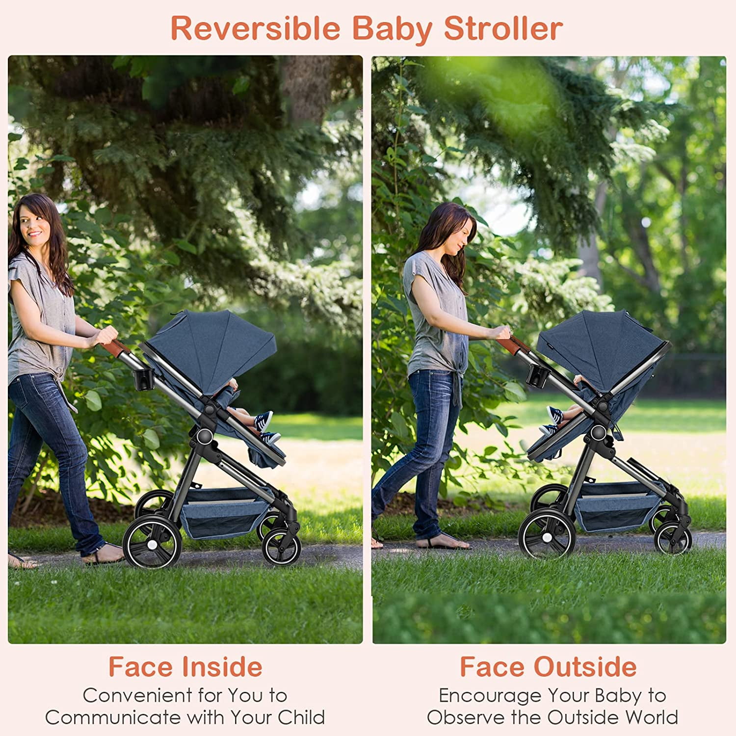 OLAKIDS 2 in 1 High Landscape Convertible Baby Stroller, Newborn Reversible Pram, Foldable Pushchair with Adjustable Canopy, Aluminum Structure, 5-Point Harness for Infant Toddler