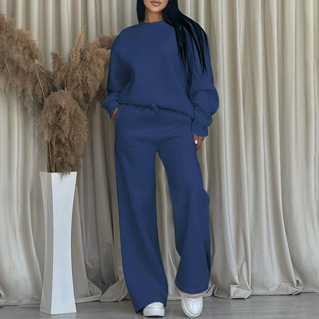 Wensltd Ensemble à Capuchon pour Femme Couleur Unie Décontracté Col Rond Manches Longues Haut et Pantalon