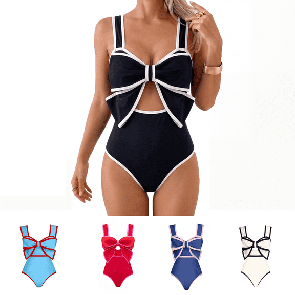 Women's One Piece Swimsuit with Conservative Covering Lace Up Skirt Big Bow Bikini Set for Summer Beach Wear