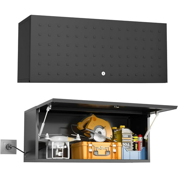 Metal Wall Mount Garage Cabinet, Garage Storage Cabinet with Lock, Flip Up Metal Wall Mounted Cabinet, Steel Tool Cabinets, Heavy Duty Locking Wall Cabinets for Garage, Workshop, Assembly Required