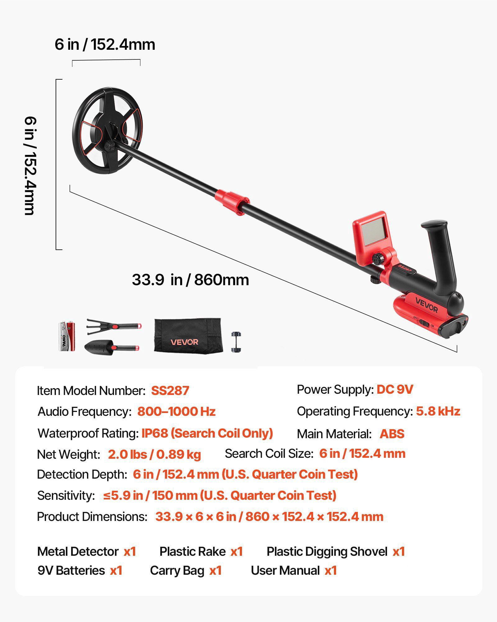6 Inch Lightweight Metal Detector with LCD Display IP68 Waterproof Search Coil Adjustable 22.8 to 33.8 Inch High Accuracy Gold Detector for Treasure Hunting