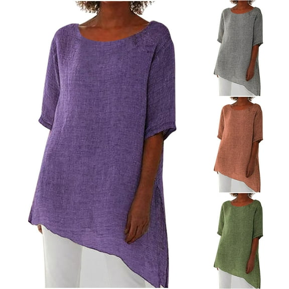 Olyvenn Fashion Plus Size Linen Shirts for Women Irregular Hem Crewneck Short Sleeve Tunic Tops Summer Casual Fashion Loose Blouse Brown S