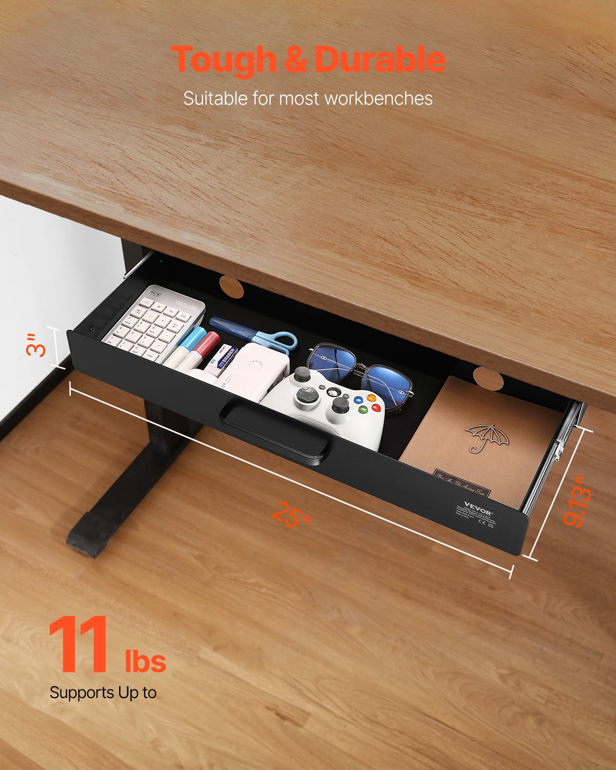 VEVOR 22 Inch Wide Under Desk Drawer Slide Out,Under Desk Mount Pull Out Drawer Attachment, Hidden Desk top Storage Organizer,Under Table Pencil Drawer for Office Home Sit Stand Workstation,25x9x3In