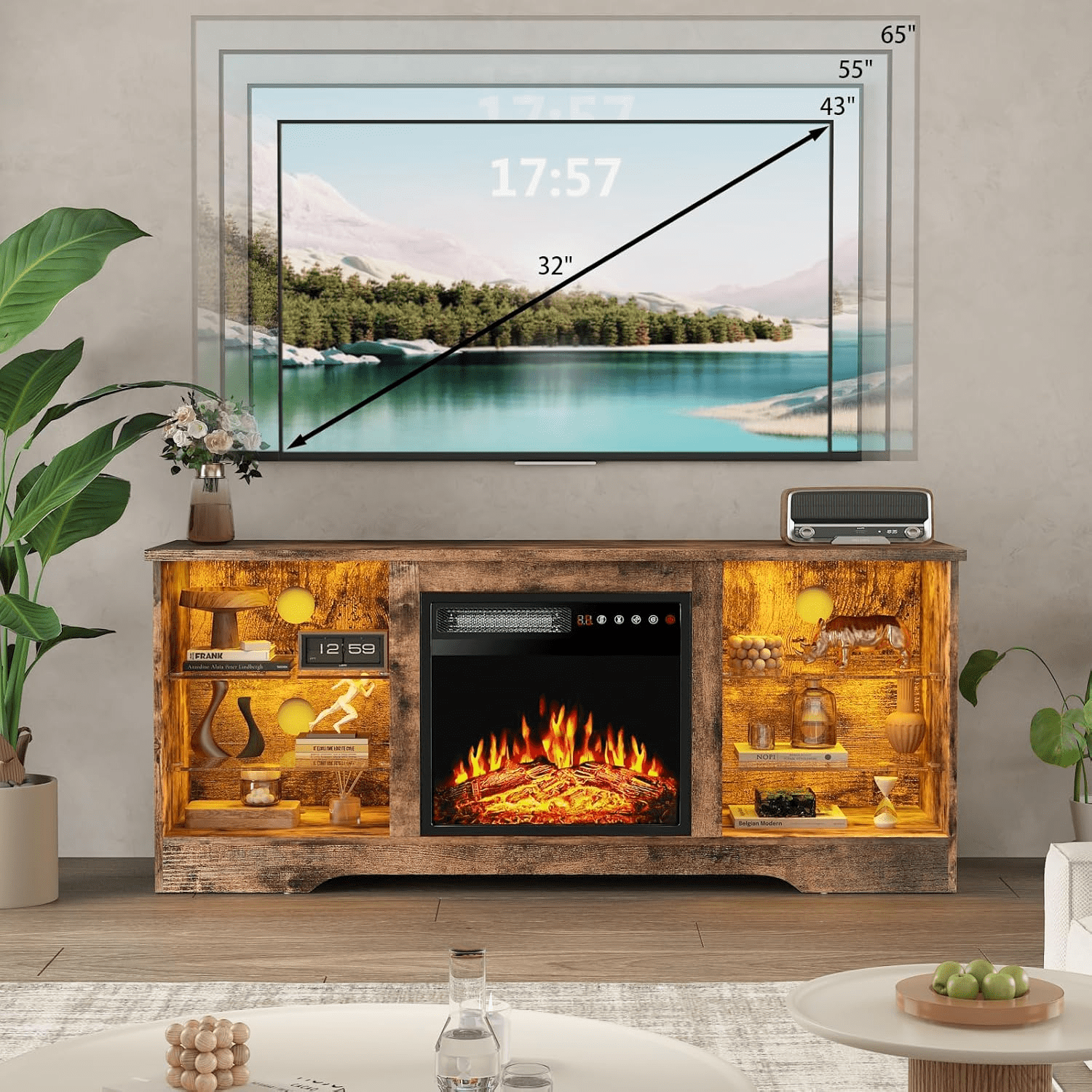 BOSSIN 58" Fireplace TV Stand for TVs up to 65 inch Console with 18'' Electric Fireplace & Remote, Wooden Modern Entertainment Center for Living Room with LED Light Glass Shelves