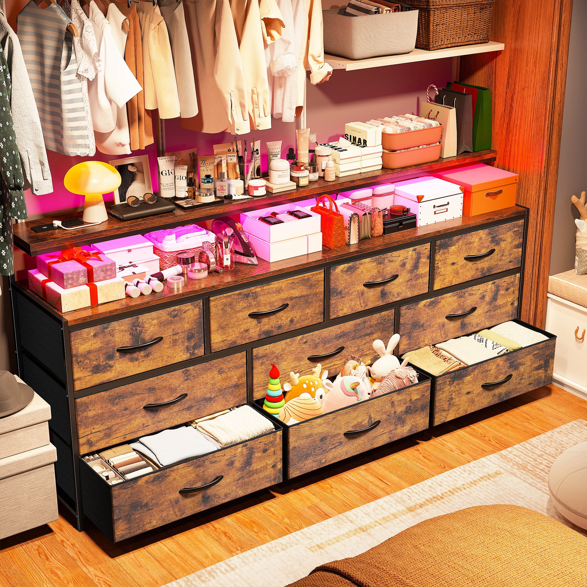 EnHomee 55"Long Dresser for Bedroom 10 Drawers Wide Dresser with LED Nights and Charging Station Fabric Dressers & Chests of Drawers,Rustic Brown