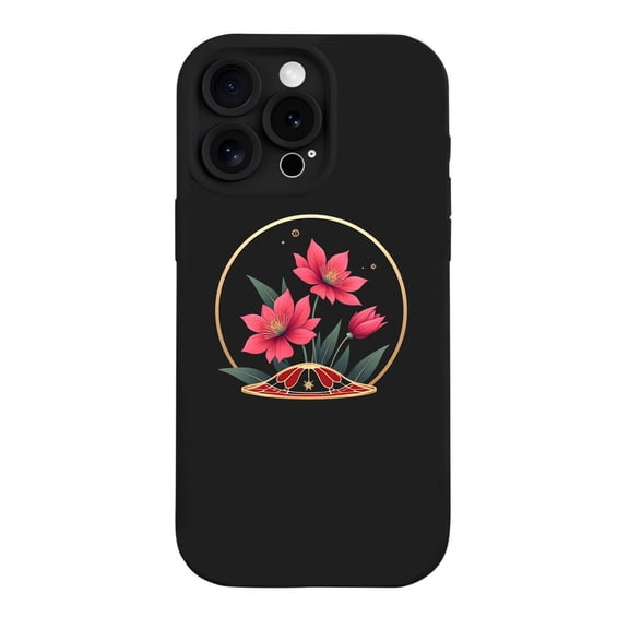 Vibrant Floral iPhone 15 Pro Case - Lightweight Yellowing Resistant Dark Background with Pink Flowers & Green Leaves in Golden Circle Design